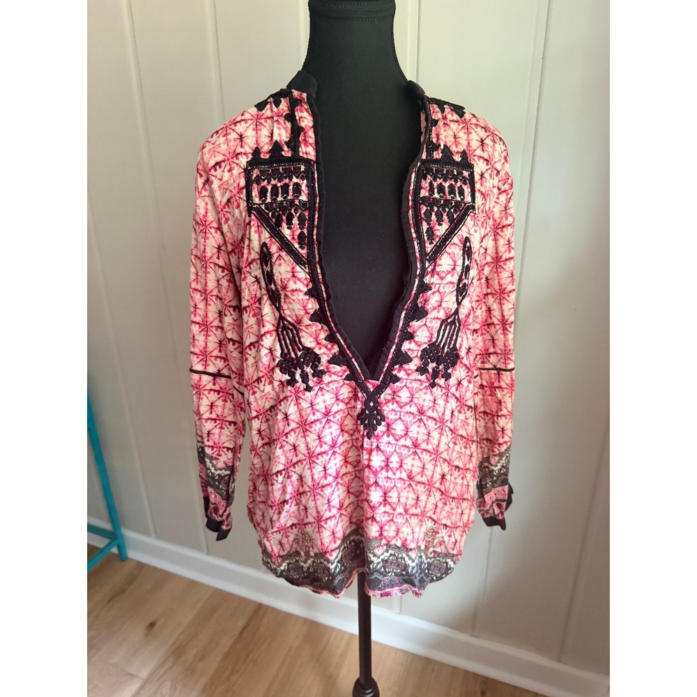 Fusion Pink Tie Dye Embroidered V-Neck Tunic Blouse Long Sleeve Boho Top